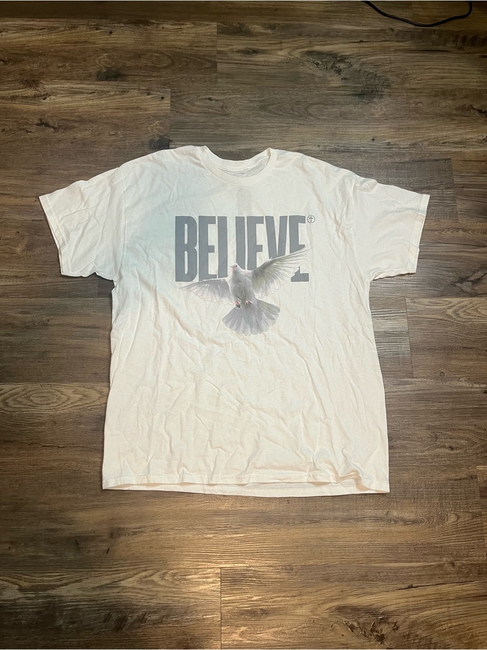 Fashion Nova White 'BELIEVE' Graphic Tee with Dove